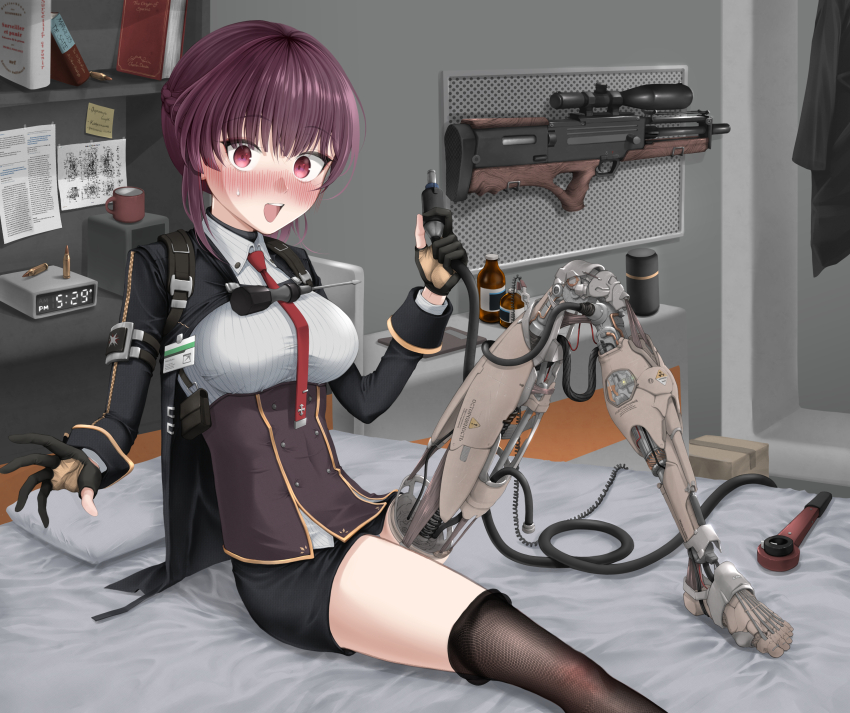 1girl absurdres alternate_hair_length alternate_hairstyle ammunition android armband asaripan black_jacket black_skirt black_thighhighs blush box braid breasts bullet bullpup cardboard_box clock coffee_mug commentary_request cup digital_clock embarrassed english_text fine_fabric_emphasis girls&#039;_frontline girls&#039;_frontline_2:_exilium gun half_up_braid highres indoors jacket knee_up large_breasts makiatto_(girls&#039;_frontline_2) mechabare mechanical_legs medium_hair mug necktie nose_blush on_bed open_clothes open_jacket pencil_skirt pillow red_necktie repairing rifle rifle_cartridge robot_girl russian_text screwdriver shelf side_ponytail single_mechanical_leg single_thighhigh sitting skirt sniper_rifle solo sticky_note surprised sweatdrop teeth thighhighs upper_teeth_only wa2000_(girls&#039;_frontline) walk-in walther walther_wa_2000 weapon