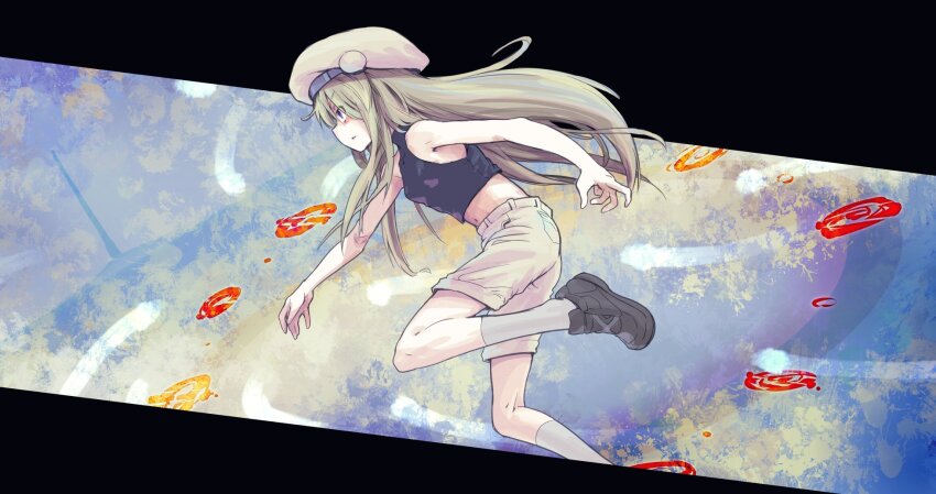 1other black_tank_top blonde_hair blue_eyes hat hellsinker highres long_hair midriff minogame_(hellsinker) mixed-language_commentary monolith_(suibou_souko) navel shoes shorts sneakers solo tank_top