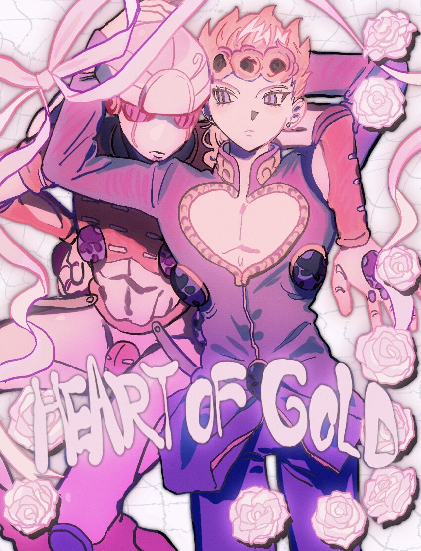 1boy arm_around_neck arm_around_shoulder arm_up bare_pectorals blonde_hair blue_eyes cleavage_cutout closed_mouth clothing_cutout commentary_request flower giorno_giovanna gold_experience grid_background hair_rings hand_on_another&#039;s_head highres jacket jojo_no_kimyou_na_bouken long_sleeves looking_to_the_side male_focus pants pectoral_cleavage pectorals purple_jacket purple_pants ribbon rose sideways_glance stand_(jojo) standing tami_tome_mo vento_aureo white_flower