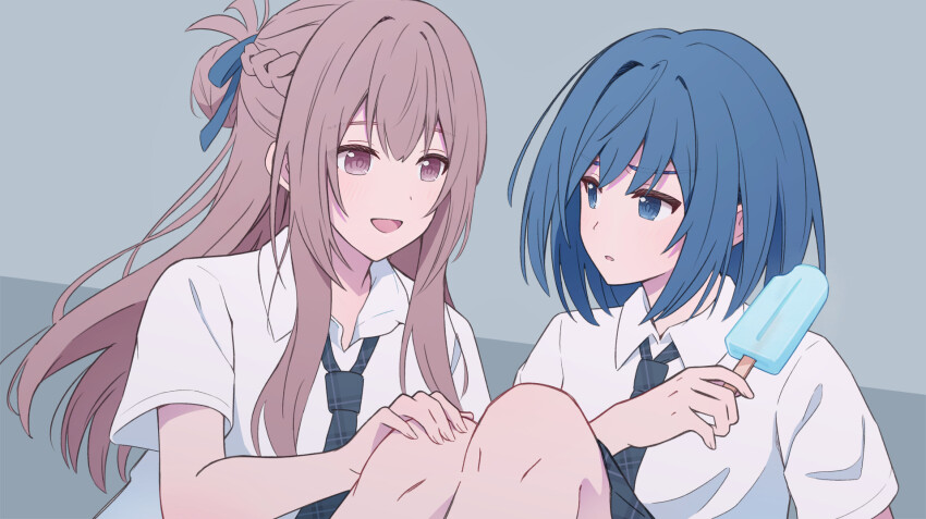 2girls black_necktie blue_eyes blue_hair braid brown_hair collared_shirt commentary_request food half_up_braid highres holding holding_food holding_popsicle long_hair miyagi_shiori multiple_girls necktie novi_visual open_mouth plaid_clothes plaid_necktie popsicle purple_eyes sendai_hazuki shirt short_hair short_sleeves shuuniichido_classmate_wo_kau_hanashi sidelocks unmoving_pattern white_shirt