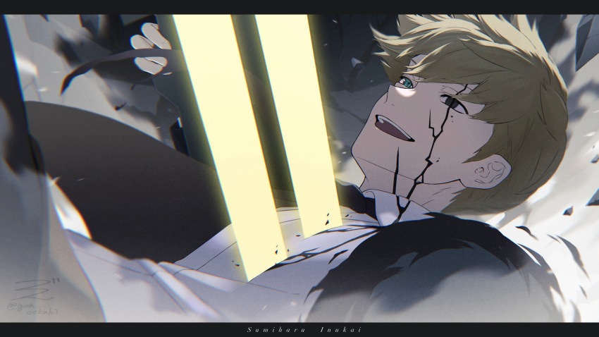 1boy absurdres black_eyes black_jacket black_necktie blonde_hair blue_eyes character_name collared_shirt cracked_skin dust finger_on_trigger formal_clothes glowing gon_oekaki gun heterochromia highres holding holding_gun holding_weapon inukai_sumiharu jacket letterboxed light_brown_hair long_sleeves looking_away looking_up lying male_focus motion_blur necktie on_back parted_lips shards shirt short_hair smile solo stab suit upper_body weapon white_shirt world_trigger