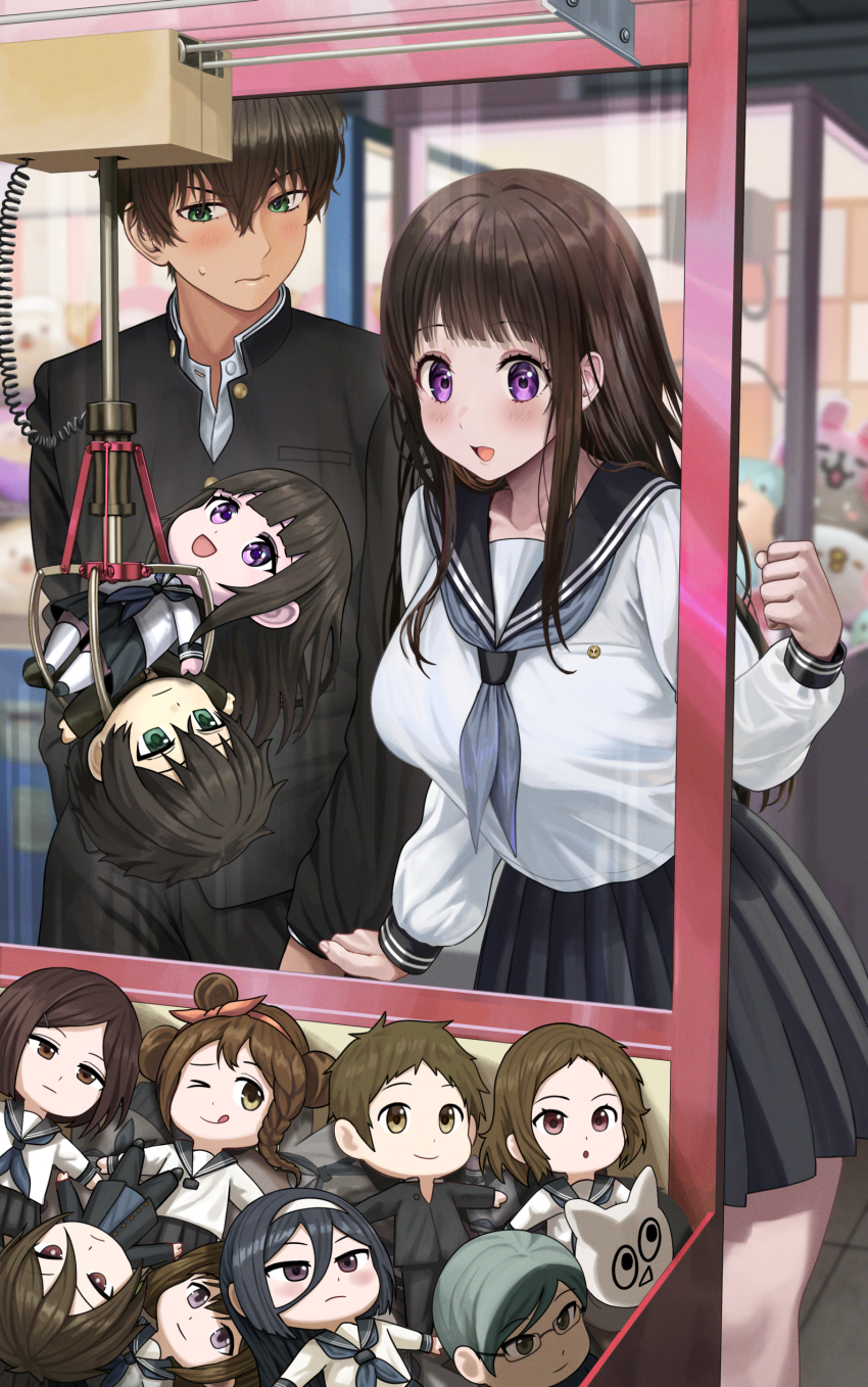1boy 1girl absurdres black_hair black_sailor_collar black_shirt black_skirt blush breasts character_doll character_request chitanda_eru crane_game doll eba_kurako fukube_satoshi green_eyes highres hyouka ibara_mayaka irisu_fuyumi large_breasts long_hair multiple_girls oreki_houtarou pleated_skirt purple_eyes sailor_collar sawakiguchi_misaki school_uniform serafuku shirt silvertsuki skirt tanabe_jirou white_shirt