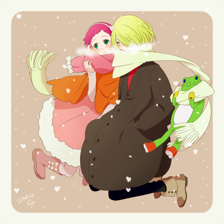 10s 1boy 1girl aquarion_(series) aquarion_evol bad_id bad_pixiv_id blonde_hair blush coat couple doll gradient_hair green_eyes heart hetero highres jin_musou kanno_miiyu multicolored_hair orange_hair purple_hair scarf short_hair snow stuffed_animal stuffed_frog stuffed_toy tama_(aquarion) yunoha_thrul