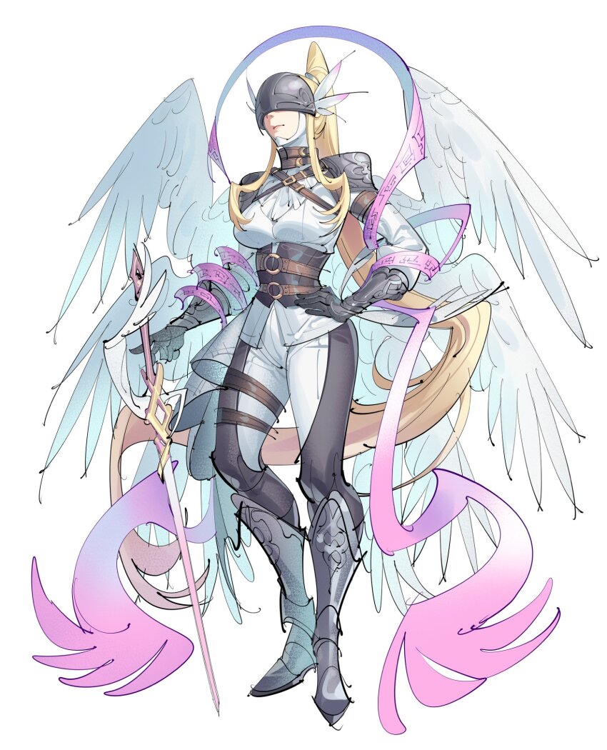 1girl adapted_costume angel angel_wings angewomon angewomon_blast_mode armor blonde_hair breasts covered_eyes digimoji digimon digimon_(creature) feathered_wings feathers full_body helmet helmet_over_eyes high_ponytail highres knight large_breasts long_hair multiple_wings pants pink_ribbon ponytail ribbon shirt shoulder_armor simple_background solo sword weapon white_background white_feathers white_pants white_shirt white_wings winged_helmet wings zocehuy