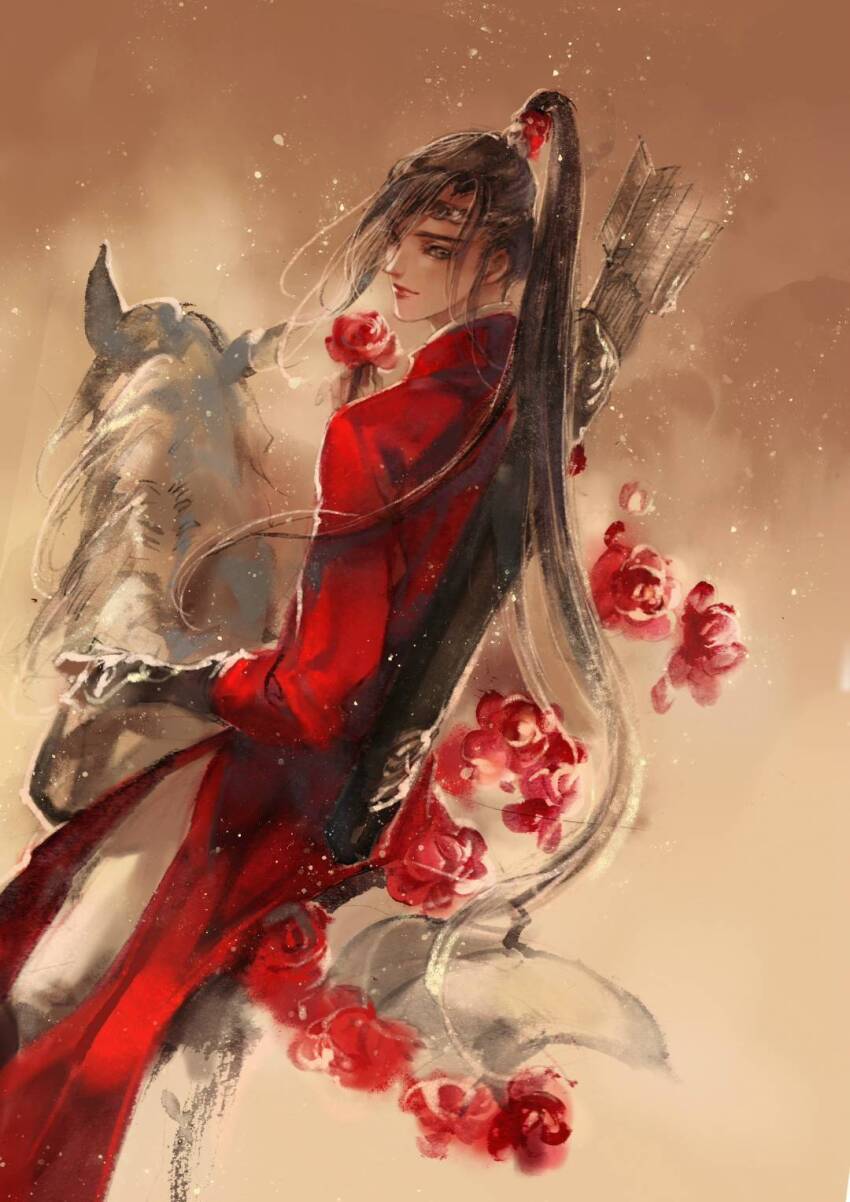 1boy alternate_costume animal arrow_(projectile) black_eyes black_hair brown_hair chinese_clothes circlet closed_mouth faux_traditional_media flower hanfu high_ponytail highres holding holding_flower holding_reins horse horseback_riding ink_wash_painting kcllzas163 light_particles long_hair long_sleeves looking_at_viewer looking_back male_focus modao_zushi ponytail quiver red_flower red_hanfu reins riding robe smile solo third-party_source very_long_hair weapon weapon_on_back wei_wuxian white_horse xiao_guan_(headdress)