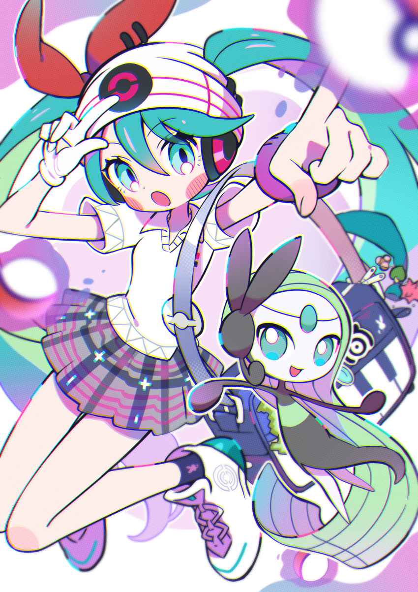 1girl absurdres aqua_eyes aqua_hair bag beanie black_socks blush_stickers bow collared_shirt commentary dated_commentary gaogao_(gaogaomegu) gen_5_pokemon gloves hair_between_eyes hair_bow hat hatsune_miku headphones highres jumping knit_hat legendary_pokemon long_hair looking_at_viewer meloetta meloetta_(aria) mythical_pokemon nintendo no_feet open_mouth pleated_skirt pointing poke_ball poke_ball_(basic) pokemon pokemon_(creature) project_voltage psychic_miku_(project_voltage) red_bow revision shirt shoes short_sleeves shoulder_bag single_glove skirt smartwatch sneakers socks striped_clothes striped_skirt twintails very_long_hair vocaloid watch white_gloves white_hat white_shirt white_shoes wristwatch