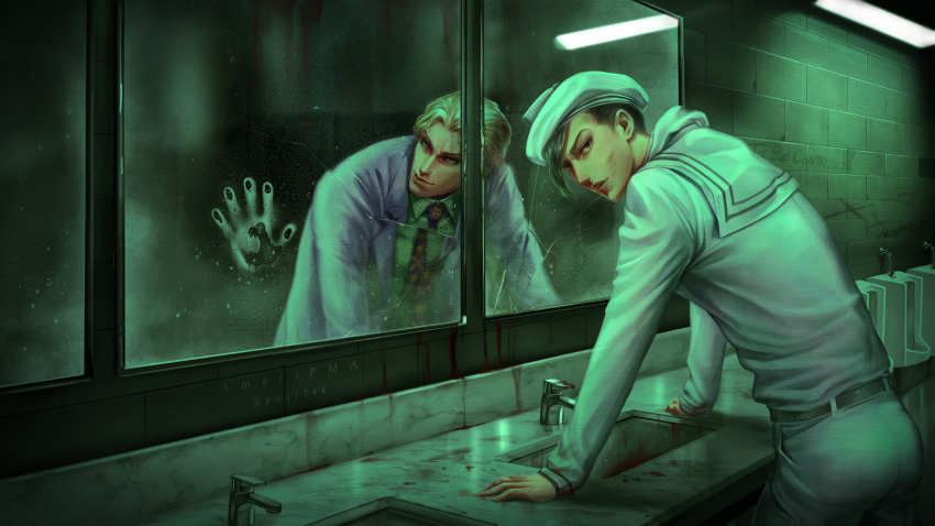 2boys absurdres against_glass amaripma bathroom black_hair blonde_hair blood commentary diamond_wa_kudakenai different_reflection english_commentary faucet formal_clothes glass green_theme hat highres indoors jojo_no_kimyou_na_bouken jojolion kira_yoshikage kira_yoshikage_(jojolion) male_focus mirror multiple_boys necktie reflection sailor sailor_collar sailor_hat sink suit