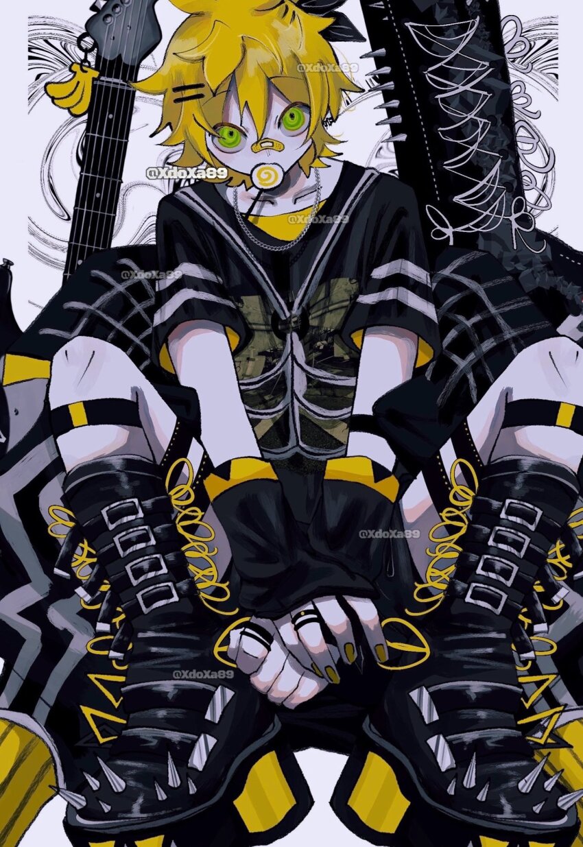 1boy alternate_costume arms_between_legs artist_name bandaid bandaid_on_face bandaid_on_nose black_boots black_gloves black_shirt blonde_hair boots charm_(object) commentary fingerless_gloves food_in_mouth gloves green_eyes guitar hair_between_eyes hair_ornament hairclip highres instrument instrument_case jewelry kagamine_len male_focus multiple_rings parallel_hairclips print_shirt punk ring shirt short_hair short_sleeves sitting solo spiked_boots symbol-only_commentary vocaloid xdoxa89 yellow_nails