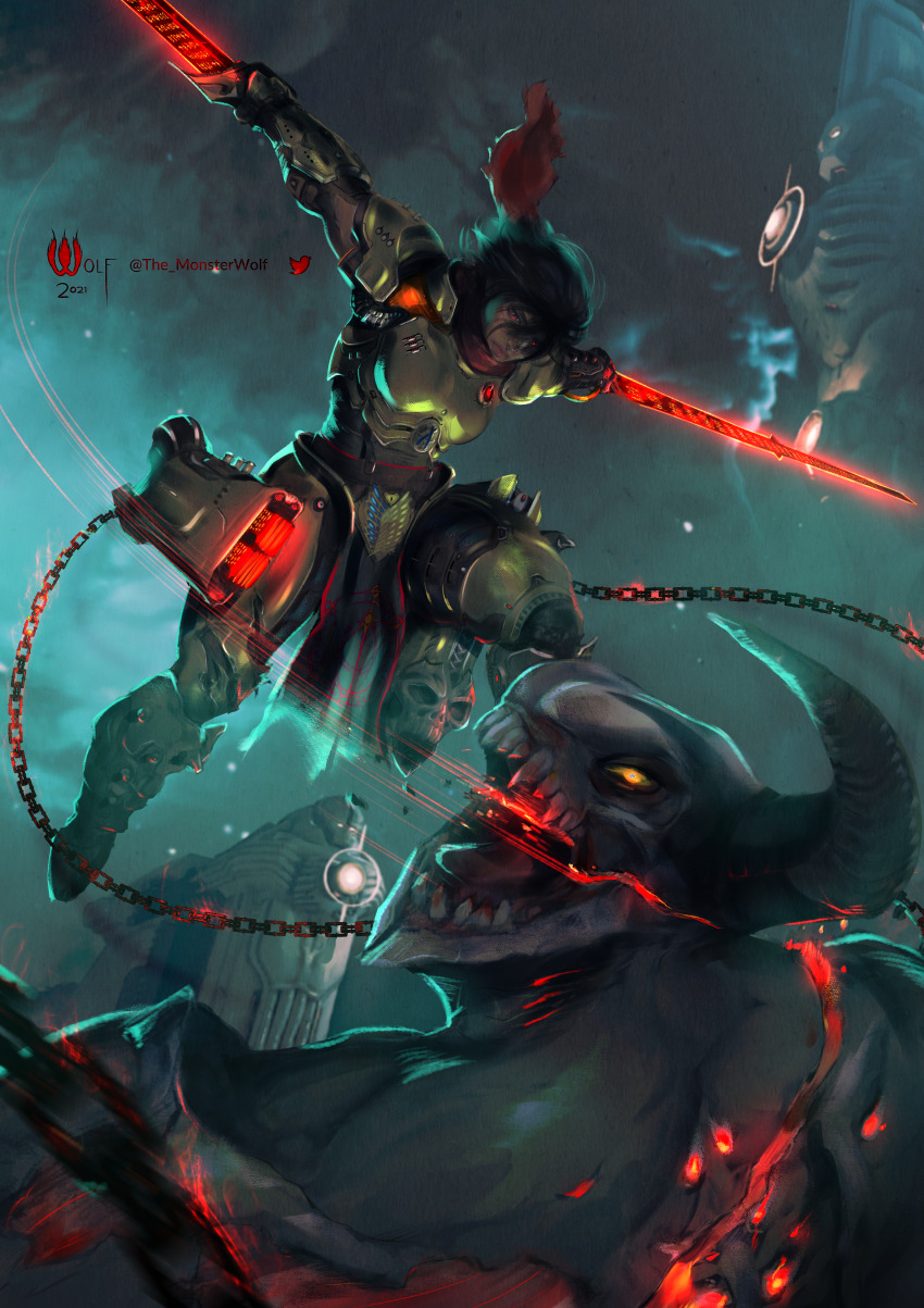 1girl absurdres baron_of_hell black_hair blood chain cosplay demon demon_horns doom_(series) doom_eternal doomguy doomguy_(cosplay) dual_wielding highres holding horns mikasa_ackerman monster_wolf pelvic_curtain red_eyes red_scarf scarf shingeki_no_kyojin sword weapon yellow_eyes