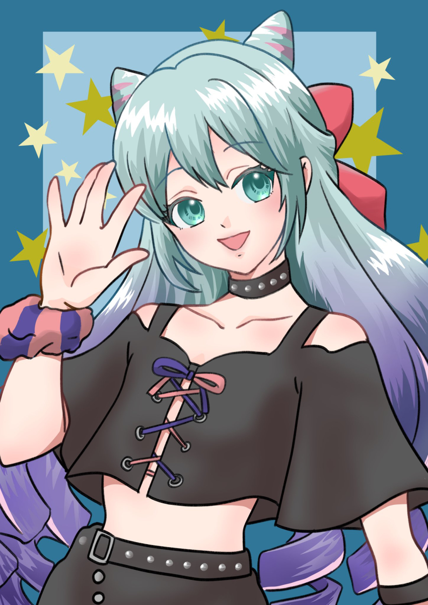 1boy androgynous blue_eyes blue_hair cone_hair_bun drill_hair fire_emblem fire_emblem_engage hair_bun hair_horns highres long_hair looking_at_viewer momojikutteyaru nintendo pink_hair rosado_(fire_emblem) smile solo trap