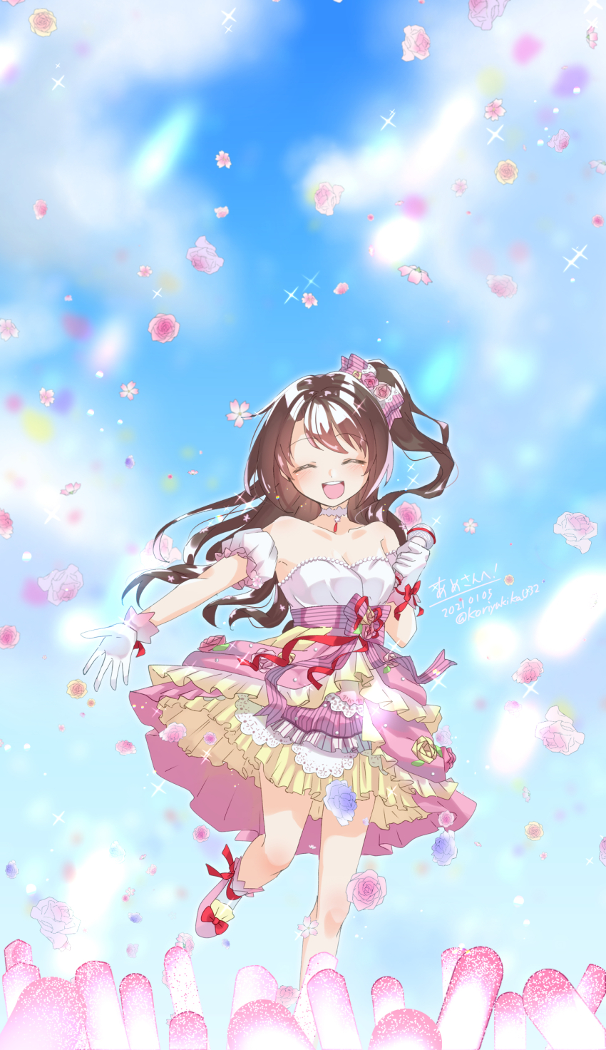 1girl bare_shoulders blush breasts brown_hair cherry_blossoms cleavage closed_eyes collarbone commission dress flower foot_out_of_frame frilled_dress frills gloves hair_ornament highres holding holding_microphone idol idol_clothes idolmaster idolmaster_cinderella_girls idolmaster_cinderella_girls_starlight_stage jewelry koriyukika032 long_hair medium_breasts microphone necklace open_mouth pink_flower pink_rose rose shimamura_uzuki side_ponytail skeb_commission smile solo strapless strapless_dress twitter_username white_gloves