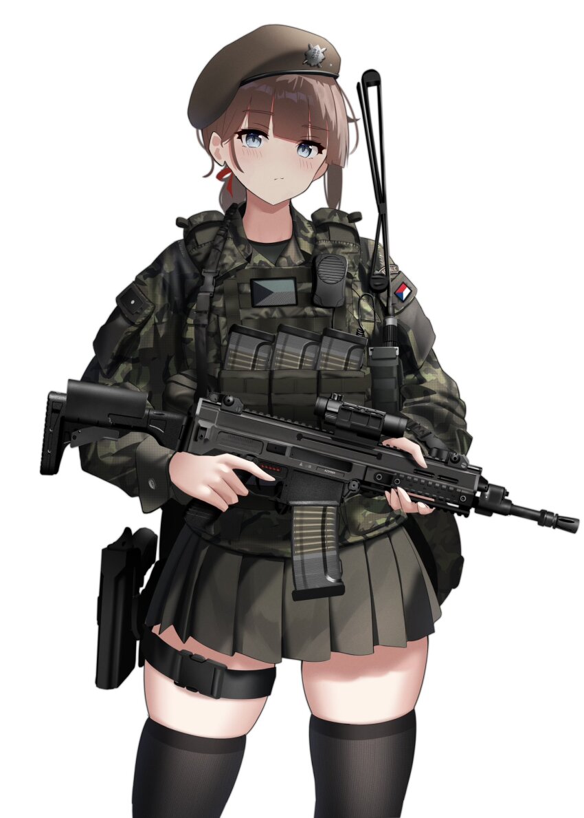 1girl assault_rifle beret black_thighhighs blue_eyes brown_hair brown_hat camouflage camouflage_jacket cz_805_bren czech_army czech_flag expressionless grey_skirt gun hat highres jacket looking_at_viewer military_uniform original rifle rynn_(rynn_cube) skirt solo thighhighs weapon white_background woodland_camouflage zettai_ryouiki