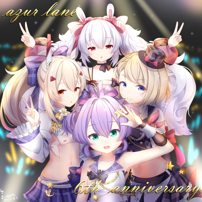 4girls :d absurdres animal_ears anniversary arm_up ayanami_(azur_lane) ayanami_(low-key_idol_@confused)_(azur_lane) azur_lane bare_shoulders black_choker black_headwear black_skirt blue_eyes blurry blurry_background bow choker closed_mouth commentary_request copyright_name depth_of_field double_v fake_animal_ears frilled_skirt frills glowstick green_eyes grey_hair hair_bow hairband headgear highres javelin_(azur_lane) javelin_(energetic_idol_@120_motivation!)_(azur_lane) laffey_(azur_lane) laffey_(bunny_idol_@unmotivated)_(azur_lane) light_brown_hair long_hair multiple_girls navel open_mouth outstretched_arms parted_lips pink_bow plaid_bow plaid_clothes plaid_headwear plaid_skirt pleated_skirt purple_bow purple_hair purple_skirt rabbit_ears red_eyes red_hairband shirt skirt sleeveless sleeveless_shirt smile star_(symbol) tilted_headwear twintails v very_long_hair white_shirt z-wumi z23_(azur_lane) z23_(serious_idol_@acting_manager?!)_(azur_lane)