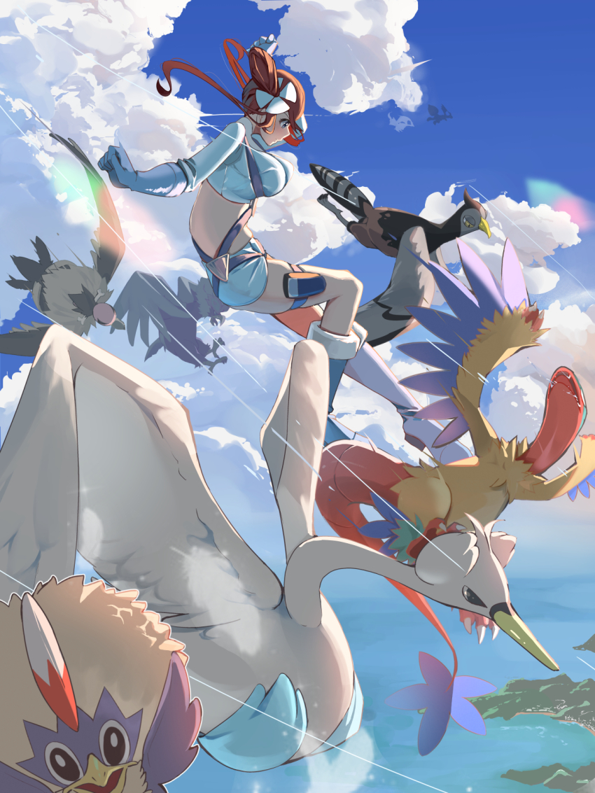 1girl archeops bird blue_eyes blue_gloves blue_sky braviary breasts cloud cloudy_sky crop_top cropped_jacket day flying gen_5_pokemon gloves hair_ornament highres large_breasts legendary_pokemon long_hair mandibuzz midriff momdy_(talesshinja) navel nintendo ocean one_side_up open_mouth outdoors pokemon pokemon_(creature) pokemon_bw red_hair reshiram rufflet short_shorts shorts sidelocks sky skyla_(pokemon) smile swanna unfezant unfezant_(female) zekrom