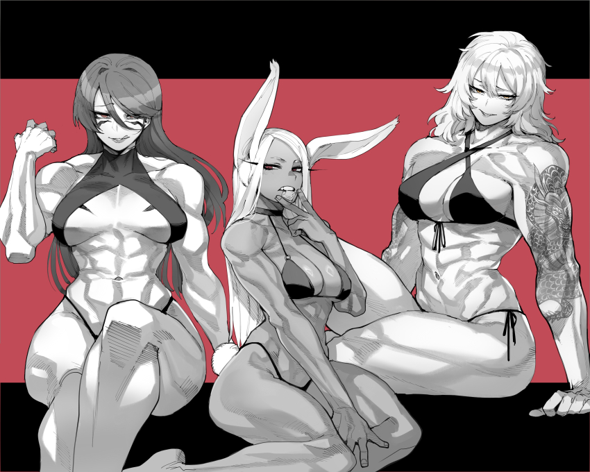 3girls :q abs absurdres animal_ears arm_tattoo bare_shoulders bikini black_bikini body_markings boku_no_hero_academia breasts choker cleavage condom condom_in_mouth criss-cross_halter dragon_tattoo female_focus front-tie_bikini_top front-tie_top fuuma_kotarou_(tenkaichi) hair_between_eyes halterneck hand_up highres isshou_senkin large_breasts letterboxed long_eyelashes long_hair looking_at_viewer mirko monochrome mouth_hold multiple_girls muscular muscular_female navel o-ring o-ring_bikini obliques parted_bangs parted_lips rabbit_ears rabbit_girl rabbit_tail ratatatat74 red_background red_eyes sena_riko_(isshou_senkin) side-tie_bikini_bottom sitting smile spot_color stomach swimsuit tail tattoo teeth tenkaichi_nihon_saikyou_bugeisha_ketteisen thick_thighs thighs toned tongue tongue_out trait_connection v very_long_hair yellow_eyes