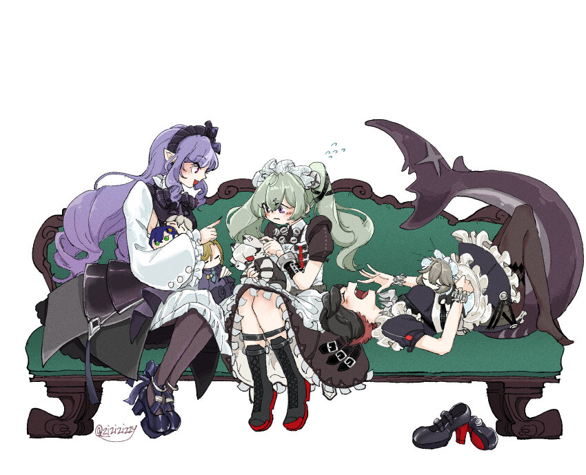 3girls alexandrina_sebastiane belle_(zenless_zone_zero) black_dress black_hair black_pantyhose blush bow bowtie character_doll corin_wickes couch dress ellen_joe fins fish_tail green_hair hair_between_eyes highres hugo_vlad lying maid maid_headdress multiple_girls on_back on_couch pantyhose platform_heels pointy_ears puffy_sleeves purple_bow purple_bowtie purple_eyes purple_hair screw_hair_ornament shark_girl shark_tail shrug_(clothing) sitting smile tail twintails vivian_banshee von_lycaon white_background white_shrug wise_(zenless_zone_zero) yawning zenless_zone_zero zizizizzy