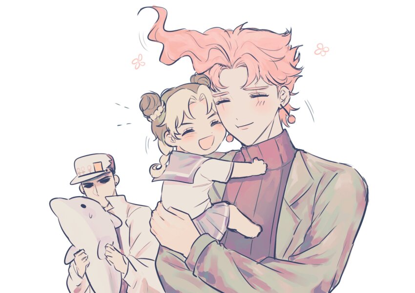 1girl 2boys aged_down alternate_universe black_hair black_sweater blonde_hair braid bun_with_braided_base child closed_eyes coat commentary_request earrings green_jacket highres hyeon_0613 jacket jewelry jojo_no_kimyou_na_bouken kakyoin_noriaki korean_commentary kuujou_jolyne kuujou_joutarou multiple_boys pink_hair pleated_skirt scar scar_across_eye scar_on_face school_uniform serafuku single_braid skirt stardust_crusaders stone_ocean stuffed_animal stuffed_dolphin stuffed_toy sweater turtleneck turtleneck_sweater white_coat