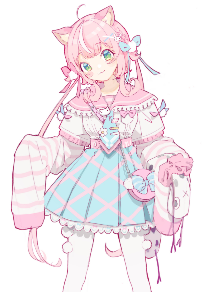 1girl :3 absurdres ahoge animal_ears blue_skirt blush cat_ears cat_girl closed_mouth ena1215 highres long_hair looking_at_viewer multicolored_hair nijisanji nijisanji_kr pink_hair pink_sailor_collar sailor_collar school_uniform serafuku simple_background skirt sleeves_past_fingers sleeves_past_wrists smile solo twintails two-tone_hair very_long_sleeves virtual_youtuber white_background white_serafuku yang_nari yang_nari_(3rd_costume)