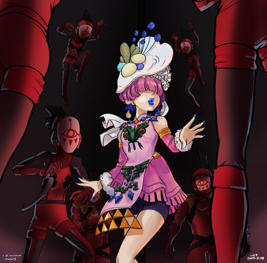 black_hair blue_lips dress earrings formal_clothes hair_over_eyes hat ian_samson jewelry link mask multiple_boys nail_polish nintendo pink_dress pink_hair red_suit short_shorts shorts simple_background suit surrounded the_legend_of_zelda the_legend_of_zelda:_tears_of_the_kingdom trap witch_hat yiga_clan