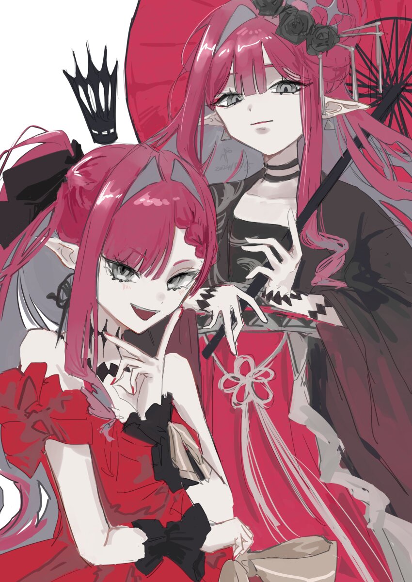 1girl absurdres baobhan_sith_(dream_portrait)_(fate) baobhan_sith_(exhibition_attire)_(fate) baobhan_sith_(fate) baobhan_sith_(swimsuit_pretender)_(third_ascension)_(fate) black_kimono crown dress earrings fate/grand_order fate_(series) flower grey_eyes hair_flower hair_ornament hair_ribbon hand_up highres hiyakamosirenai japanese_clothes jewelry kimono long_hair looking_at_viewer oil-paper_umbrella open_mouth pink_hair pointy_ears ponytail red_dress red_kimono red_umbrella ribbon sidelocks smile umbrella white_background wrist_cuffs