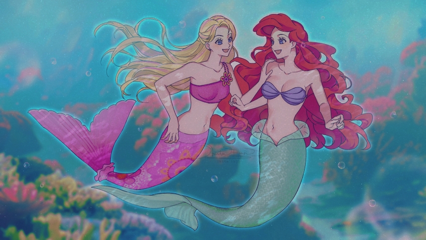 2girls ariel_(disney) barbie_(character) barbie_(franchise) barbie_in_a_mermaid_tale barbie_movies bikini blonde_hair blue_eyes breasts crop_top crossover curly_hair fins floral_print green_tail hand_on_another&#039;s_shoulder highres jewelry long_hair medium_breasts merliah_(barbie) mermaid monster_girl multicolored_hair multiple_girls navel necklace okitafuji pink_hair pink_shirt pink_tail red_hair shell shell_bikini shirt species_connection streaked_hair swimming swimsuit the_little_mermaid_(disney) underwater