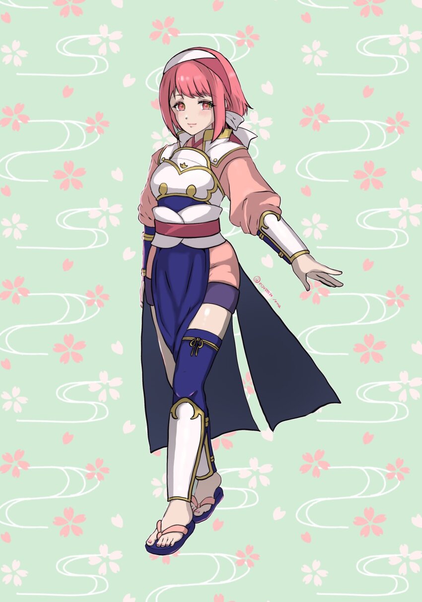 1girl arm_wrap asymmetrical_legwear cosplay e_m_a fire_emblem fire_emblem_fates hana_(fire_emblem) hana_(fire_emblem)_(cosplay) highres mismatched_legwear nintendo pink_eyes pink_hair sakura_(fire_emblem) shin_guards toeless_legwear uneven_legwear