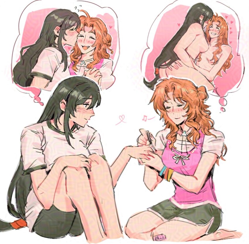 2girls aerith_gainsborough alternate_costume bandaid bandaid_on_knee bandaid_on_leg bangle black_hair black_shorts blush bracelet breasts brown_hair camisole choker closed_eyes completely_nude final_fantasy final_fantasy_vii flower_choker grin hair_between_eyes holding_hands hugging_own_legs image_in_thought_bubble interlocked_fingers jeremr jewelry kiss kissing_cheek kneeling light_smile long_hair low-tied_long_hair medium_breasts multiple_girls nude open_mouth parted_bangs pink_camisole shirt shirt_under_shirt short_sleeves shorts sidelocks smile teeth tifa_lockhart updo white_background white_shirt yuri