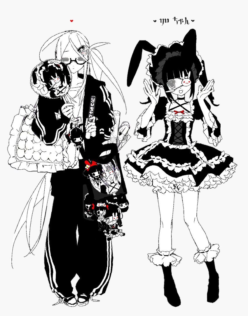 1boy 1girl animal_ears bag bonnet character_doll character_print doll dress eyepatch fake_animal_ears frilled_dress frills full_body glasses gothic_lolita hair_ornament hand_fan highres holding jacket lolita_fashion long_hair looking_at_viewer monochrome pants ponytail rabbit_ears shoes smile spot_color standing susushi_11 track_jacket track_pants twintails very_long_hair