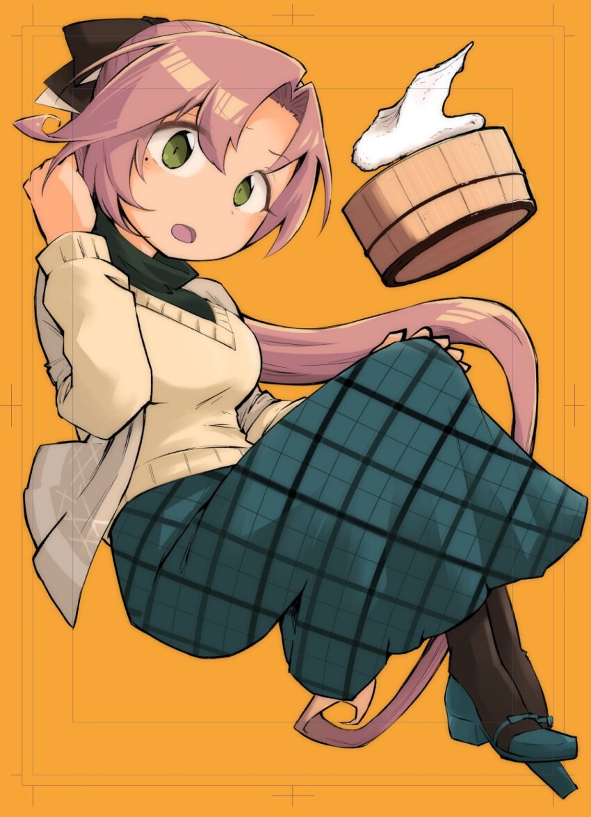 1girl akigumo_(kancolle) akigumo_kai_ni_(comiket)_(kancolle) basin black_pantyhose brown_hair brown_shawl brown_sweater commentary_request dova full_body green_eyes green_skirt hair_ribbon highres kantai_collection long_hair long_skirt mole mole_under_eye official_alternate_costume orange_background pantyhose plaid_clothes plaid_skirt ponytail ribbon shawl skirt solo sweater