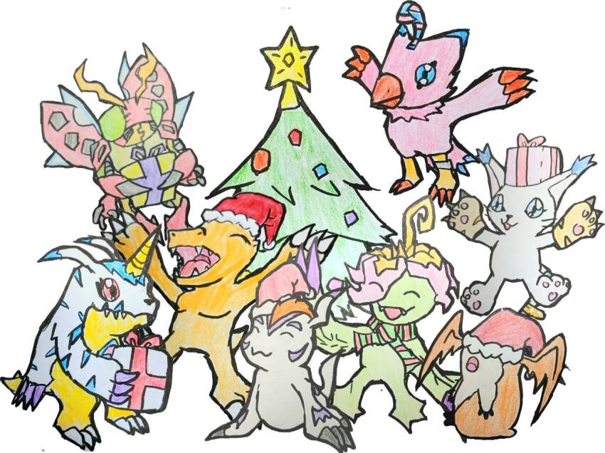 agumon bird bug cat christmas digimon digimon_(creature) gabumon gomamon palmon patamon petals piyomon tailmon tentomon wings