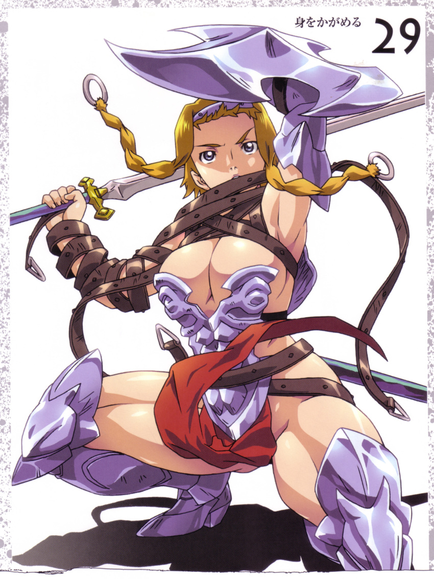 1girl absurdres armor artbook blonde_hair blush boots braid buckle curvy exiled_warrior_leina female_focus hairband highres hisayuki_hirokazu jumping leina_(queen&#039;s_blade) looking_at_viewer official_art partially_visible_vulva queen&#039;s_blade queen&#039;s_blade_lost_worlds revealing_clothes scan shield shiny_skin short_hair_with_long_locks side_braid solo spread_legs squatting sweat sword thong twin_braids weapon