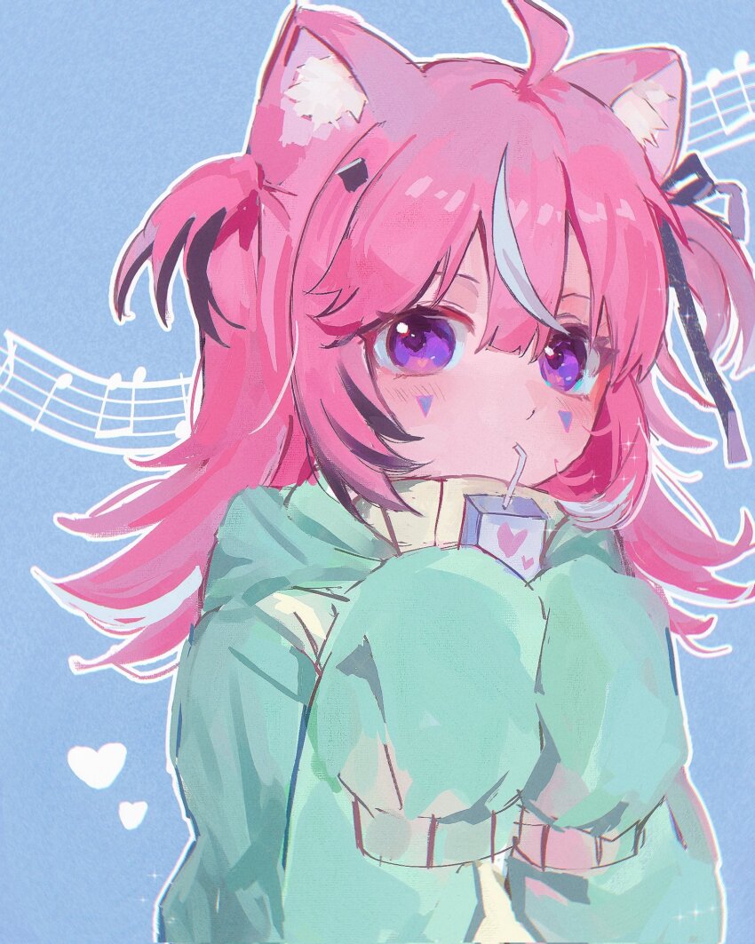 1girl ahoge animal_ear_fluff animal_ears aqua_hoodie beamed_eighth_notes black_ribbon blue_background blush camila_(vtuber) cat_ears colored_tips diamond_hair_ornament drinking_straw drinking_straw_in_mouth facial_mark hair_ribbon heart highres holding_juice_box indie_virtual_youtuber juice_box long_hair long_sleeves looking_at_viewer mark_under_both_eyes multicolored_hair musical_note musical_staff outline pink_hair pinkpink939 purple_eyes quarter_note ribbon sleeves_past_fingers sleeves_past_wrists solo streaked_hair triangle triangle_facial_mark upper_body virtual_youtuber white_outline white_streaks