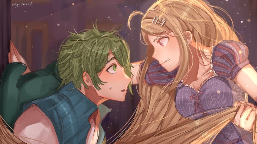 1boy 1girl against_wall ahoge akamatsu_kaede alternate_hair_length alternate_hair_ornament alternate_hairstyle amami_rantaro artist_name blonde_hair blush breasts chair clenched_teeth commentary cosplay danganronpa_(series) danganronpa_v3:_killing_harmony dress flynn_rider flynn_rider_(cosplay) fortissimo from_side gouboot green_eyes green_hair hair_ornament hairclip highres large_breasts long_hair looking_at_another messy_hair musical_note musical_note_hair_ornament parted_lips pink_eyes puffy_short_sleeves puffy_sleeves rapunzel_(disney) rapunzel_(disney)_(cosplay) rapunzel_(fairy_tale) short_sleeves teeth twitter_username very_long_hair vest