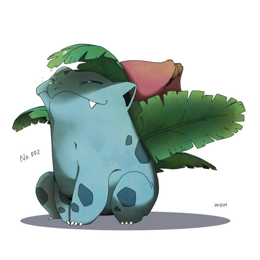 animal_focus babuwon claws closed_eyes closed_mouth fangs full_body gen_1_pokemon highres ivysaur leaf_umbrella nintendo no_humans nostrils pokedex_number pokemon pokemon_(creature) pokemon_focus shadow signature simple_background sitting solo white_background