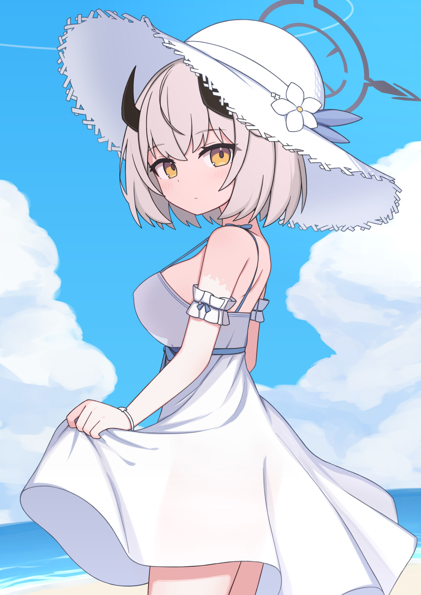 1girl absurdres beach blue_archive blue_sky breasts closed_mouth cloud cloudy_sky cowboy_shot day demon_horns dress expressionless flower from_side grey_halo hair_flower hair_ornament halo hat highres horns large_breasts looking_at_viewer ocean official_alternate_costume outdoors sena_(blue_archive) sena_(casual)_(blue_archive) short_hair skirt_hold sky solo straw_hat sundress white_dress white_flower white_hair yellow_eyes zddma20