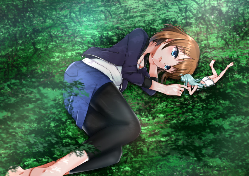 2girls aqua_hair bad_id bad_pixiv_id barefoot black_pants blue_eyes blue_jacket blue_skirt brown_hair day denim denim_skirt frilled_shorts frills jacket long_hair looking_at_another lying lyrical_nanoha mahou_shoujo_lyrical_nanoha mini_person minigirl miniskirt multiple_girls on_side on_stomach open_clothes open_jacket outdoors pants pants_under_skirt reinforce_zwei shirt short_hair shorts skirt sleeveless sleeveless_shirt soles straight_hair tentenkorori the_pose very_long_hair white_shirt white_shorts yagami_hayate