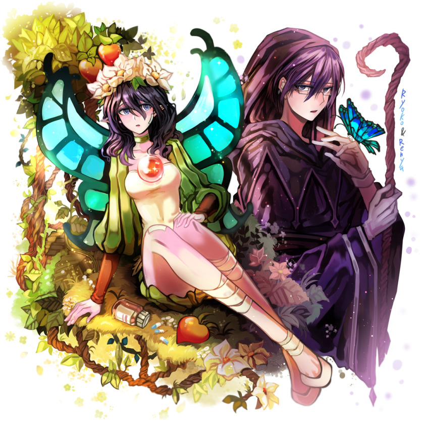 1boy 1girl bbing black_hair blue_butterfly blue_eyes blue_hair bug butterfly butterfly_wings cosplay crossover dragon&#039;s_crown dress fairy fairy_wings flower glasses gouto_renya green_dress hair_flower hair_ornament head_wreath insect insect_wings juusan_kihei_bouei_ken mercedes_(odin_sphere) miniskirt odin_sphere rimless_eyewear robe shinonome_ryouko_(juusan_kihei_bouei_ken) short_hair sitting skirt staff wand white_flower wings wizard wizard_(dragon&#039;s_crown)