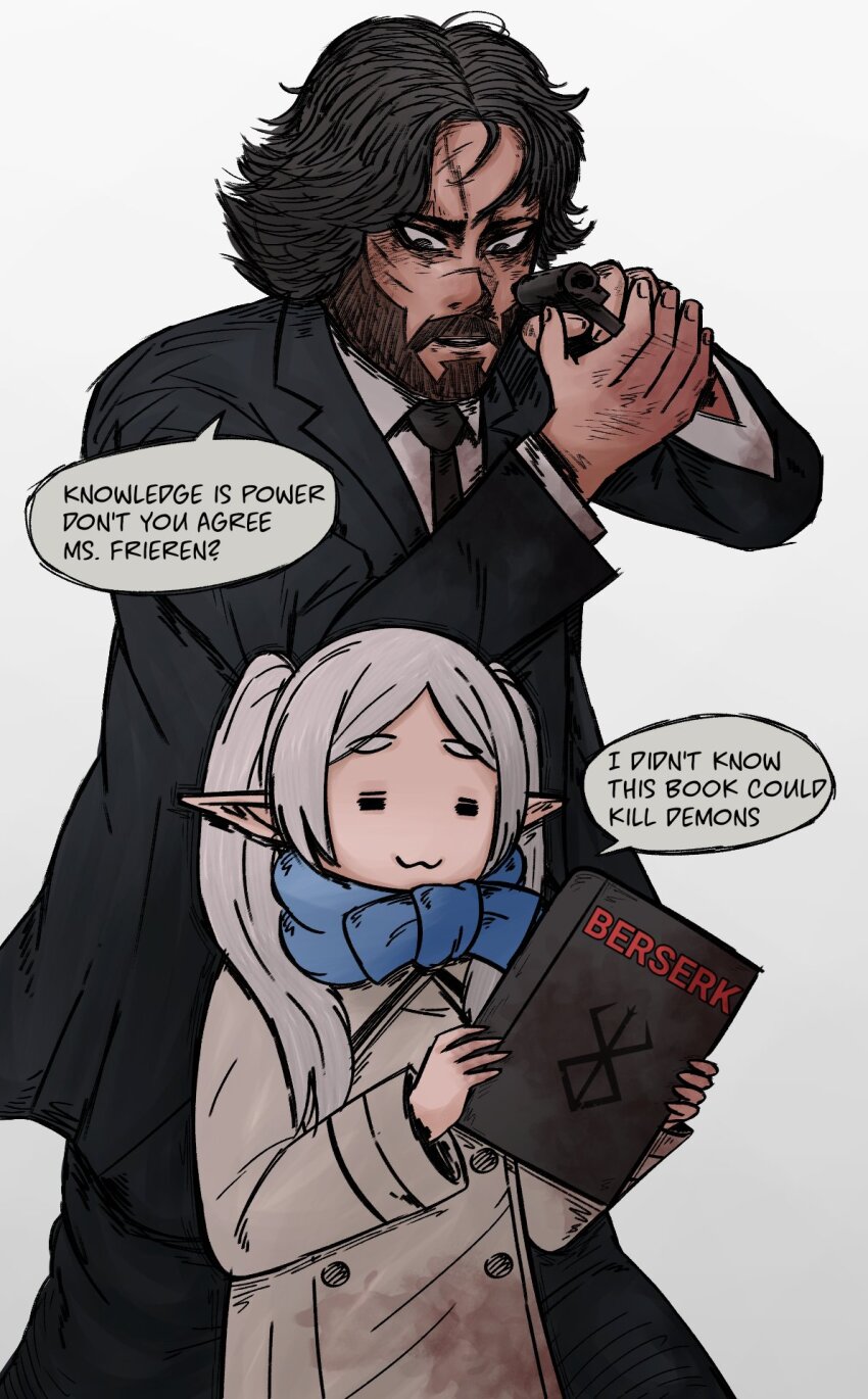 1boy 1girl :3 =_= basedlida berserk black_hair black_suit blue_scarf book closed_eyes closed_mouth coat commentary cowboy_shot crossover elf english_commentary english_text facial_hair formal_clothes frieren gun handgun highres holding holding_book holding_gun holding_weapon john_wick john_wick_(character) long_hair long_sleeves parted_bangs pointy_ears scar scar_on_face scarf short_eyebrows short_hair simple_background sousou_no_frieren speech_bubble standing suit thick_eyebrows twintails upper_body weapon white_background white_hair winter_clothes winter_coat