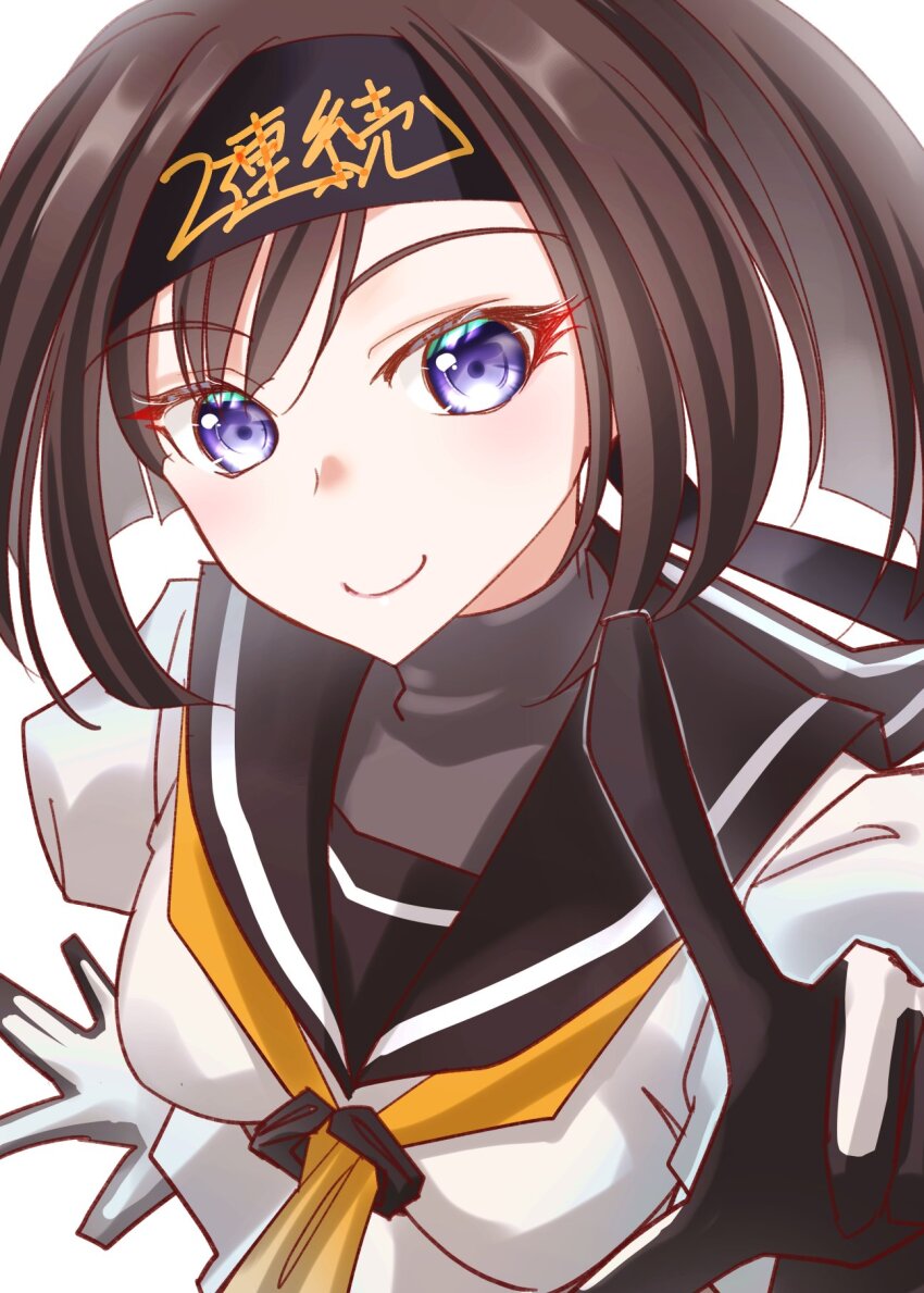 1girl akizuki_(kancolle) black_headband black_sailor_collar blue_eyes gloves headband highres kantai_collection neckerchief one-hour_drawing_challenge ponytail sailor_collar school_uniform serafuku shirt solo tsukasa_(tukasa_br) upper_body white_gloves white_shirt yellow_neckerchief