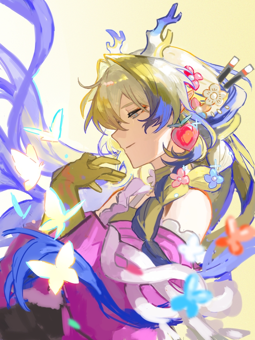 1girl absurdres arknights bare_shoulders blonde_hair blue_hair blurry bug butterfly chinese_commentary closed_mouth colored_extremities commentary_request dragon_girl dragon_horns earrings floating_hair flower frills fruit_earrings glowing_butterfly grey_eyes hair_between_eyes hair_flower hair_intakes hair_ornament half-closed_eye highres horns insect jacket jewelry kai_sai_lu_dan_tui_ren light_smile long_hair long_sleeves multicolored_hair off_shoulder official_alternate_costume own_hands_together pink_jacket profile shu_(arknights) shu_(spring_feast)_(arknights) solo white_hair yellow_background