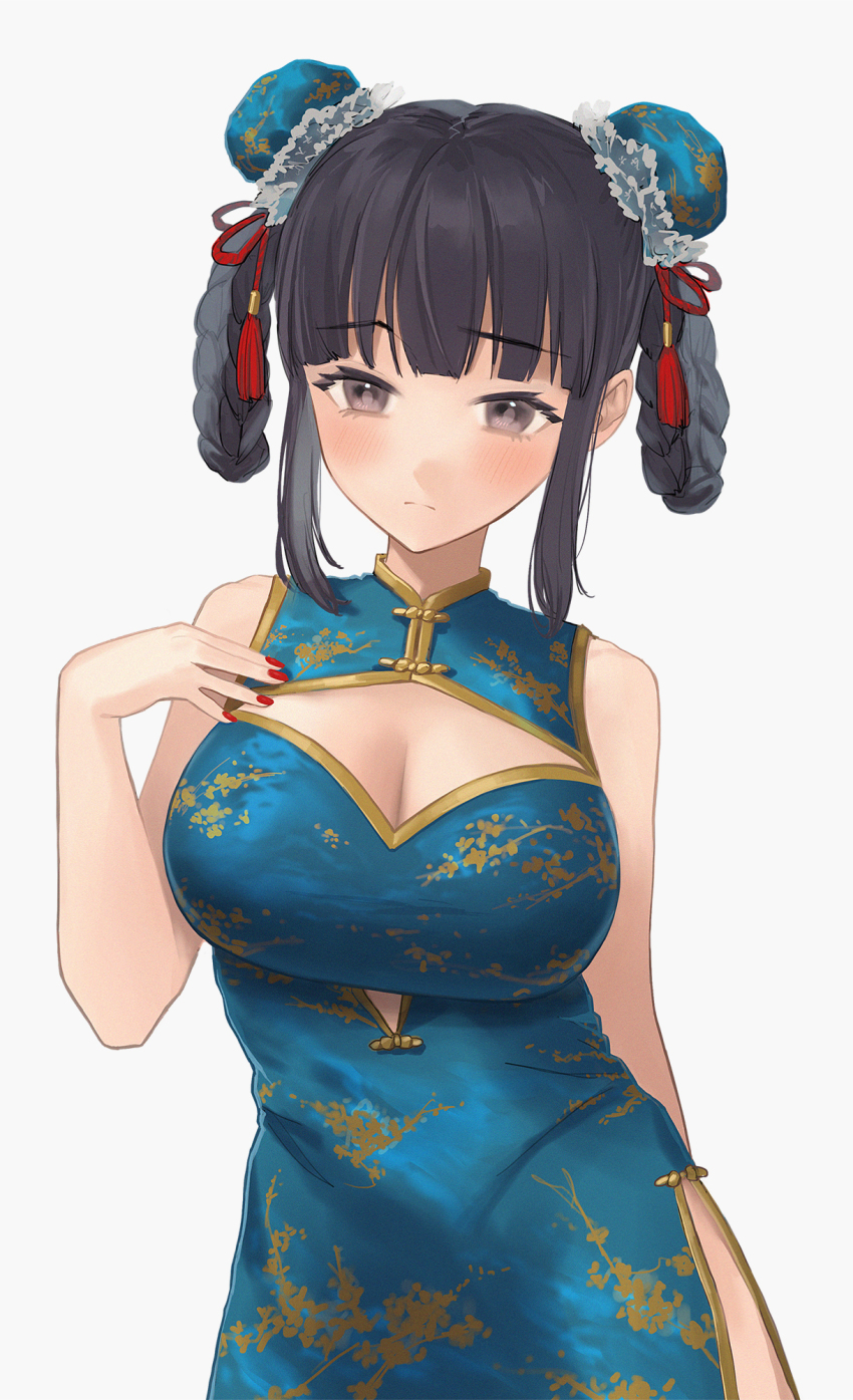 1girl bad_id bad_pixiv_id bare_arms bare_shoulders black_hair blue_dress blush braid breasts bun_cover china_dress chinese_clothes cleavage commentary_request commission double_bun dress grey_background grey_eyes hair_bun hand_up highres jfjf large_breasts looking_at_viewer original short_hair sidelocks simple_background skeb_commission sleeveless sleeveless_dress solo upper_body