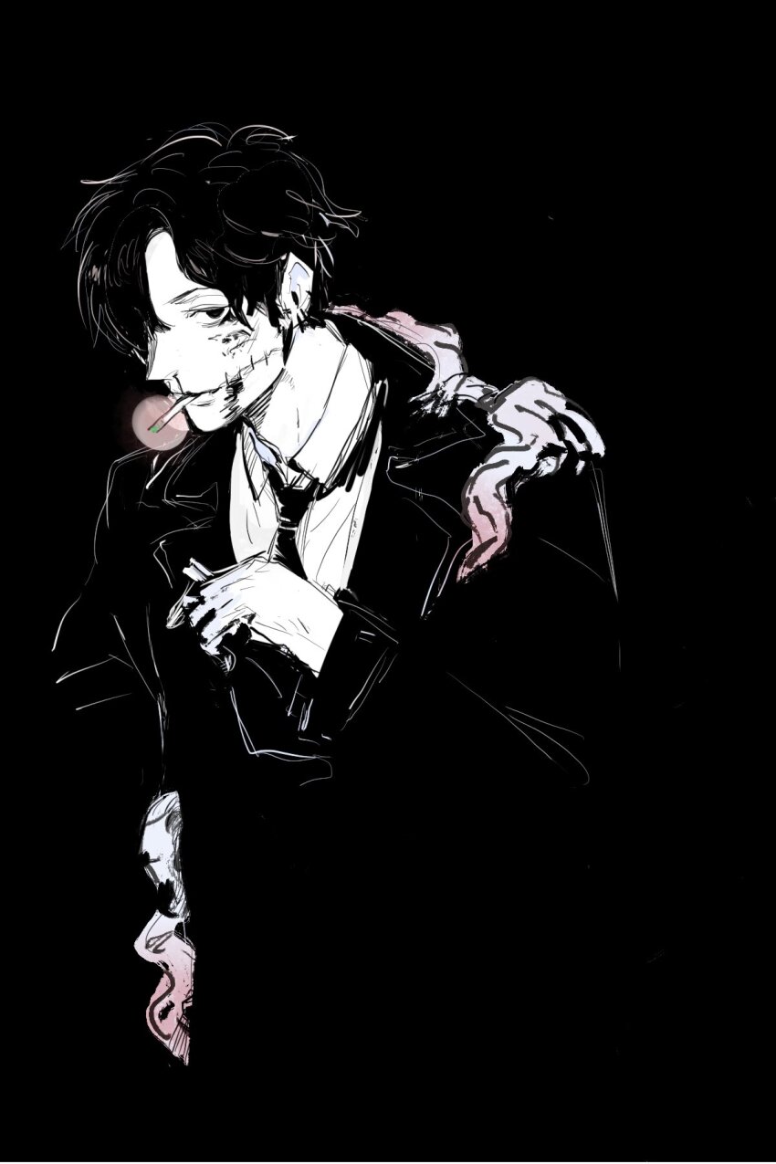 1boy black_background black_hair blood blood_on_face chainsaw_man cigarette coat collared_shirt dark_background ear_piercing formal_clothes greyscale highres kishibe_(chainsaw_man) kishibe_(young)_(chainsaw_man) looking_at_viewer monochrome necktie piercing shirt short_hair simple_background smoking solo stitched_face stitches suit swissman