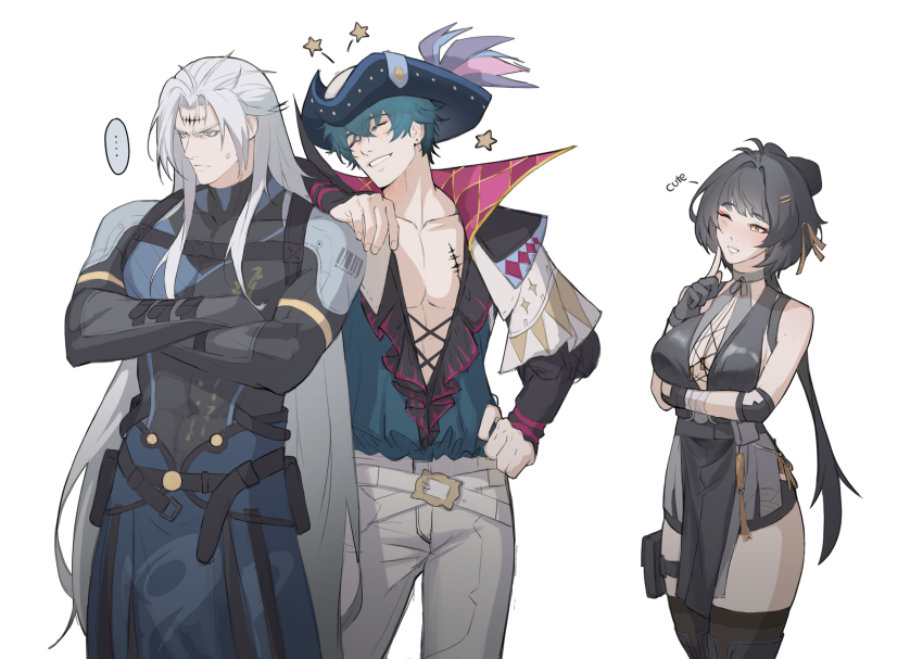 ... 1girl 2boys anger_vein bare_shoulders black_dress black_gloves black_hair black_shirt blue_eyes blue_hair blue_shirt brant_(wuthering_waves) breasts calcharo_(wuthering_waves) closed_eyes collarbone commentary cowboy_shot cross-laced_clothes cross-laced_dress crossed_arms dress elbow_pads english_commentary english_text facing_another female_rover_(wuthering_waves) gloves hand_on_another&#039;s_shoulder hand_on_own_hip hat highres index_finger_raised large_breasts long_hair multiple_boys niahti one_eye_closed open_clothes open_shirt pants rover_(wuthering_waves) shirt short_hair simple_background sleeveless sleeveless_dress smile star_(symbol) tacet_mark_(wuthering_waves) thighs toned toned_male tricorne v-shaped_eyebrows very_long_hair white_background white_hair white_pants wuthering_waves yellow_eyes