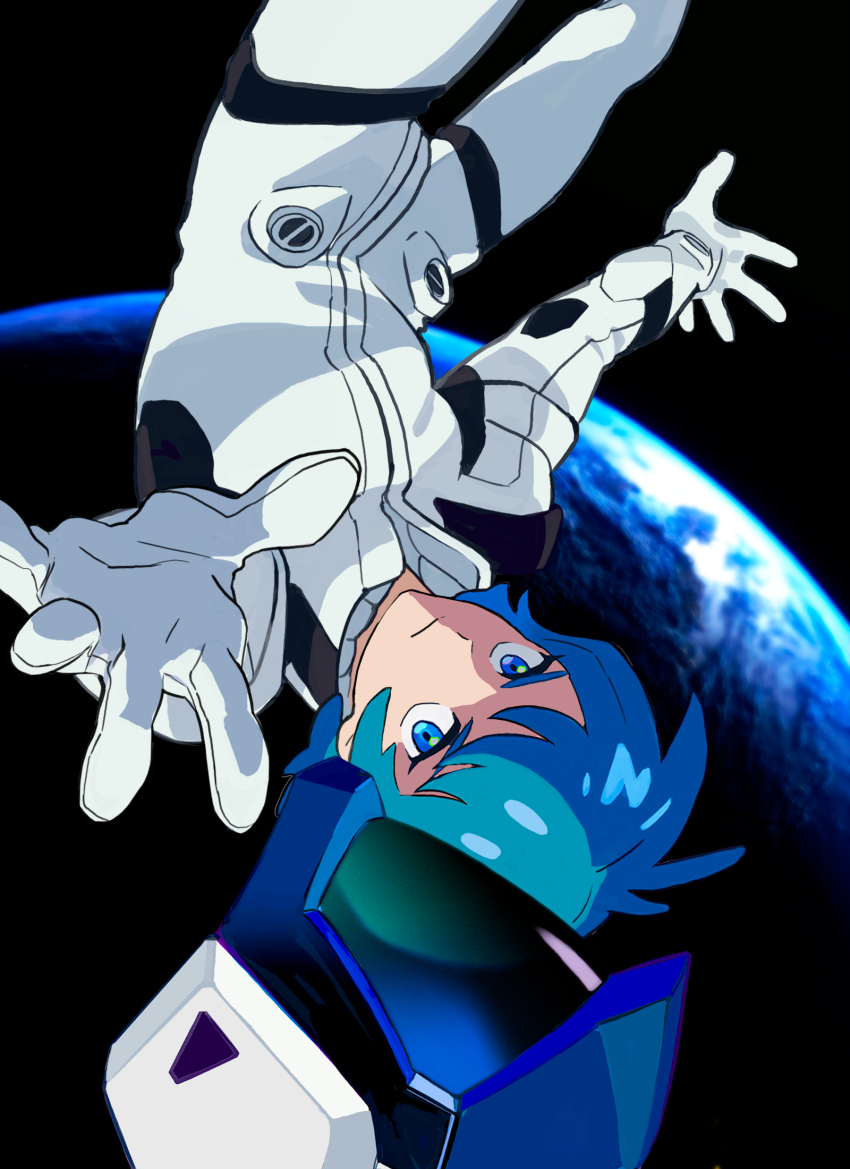 1boy blue_eyes blue_hair closed_mouth earth_(planet) expressionless gundam gundam_gquuuuuux hat helmet highres horocca jumpsuit kamille_bidan looking_at_viewer outstretched_arms planet science_fiction short_hair solo unworn_hat unworn_headwear upside-down white_jumpsuit zeta_gundam