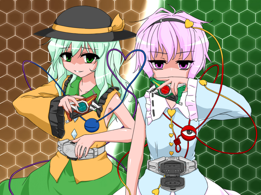 2girls crossover eyeball henshin henshin_pose kamen_rider kamen_rider_kabuto_(series) kamen_rider_kick_hopper kamen_rider_punch_hopper komeiji_koishi komeiji_satori multiple_girls parody rider_belt shaded_face siblings sisters touhou tsukushi_(741789)