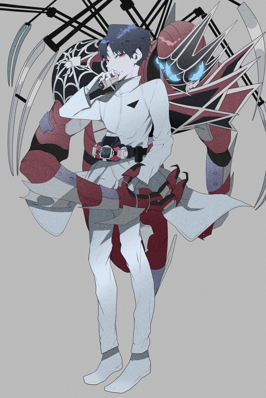 2boys absurdres aqua_eyes armor asymmetrical_armor black_armor blue_eyes demons_driver determined rider_belt dual_persona extra_eyes fenix_uniform gloves grey_background henshin highres jacket kadota_hiromi kamen_rider kamen_rider_demons kamen_rider_revice male_focus military military_uniform multiple_boys rider_belt silk spider_genome spider_web spider_web_print spirit spread_legs transformation umiu_c upper_body vest vistamp white_gloves white_jacket