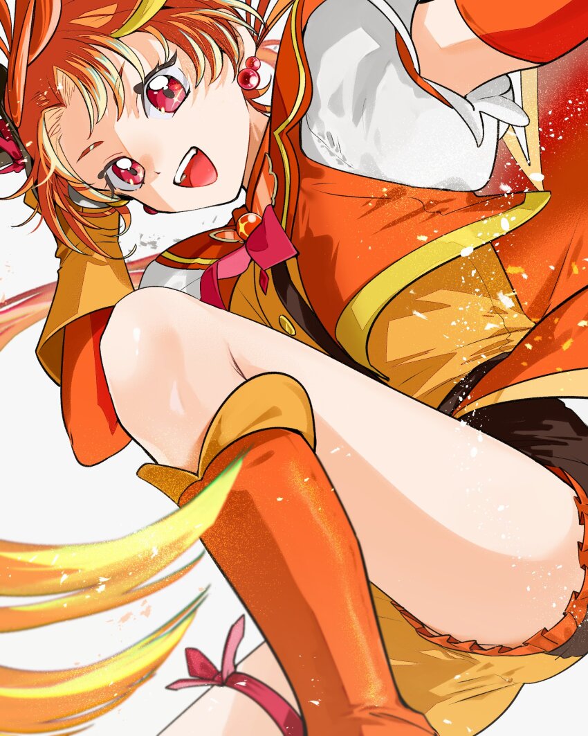 1boy absurdres arm_warmers asako_(itiba) black_hat boots brooch commentary cure_wing earrings gloves hat highres hirogaru_sky!_precure jewelry magical_boy mini_hat mini_top_hat multicolored_hair open_mouth orange_boots orange_gloves orange_hair orange_vest precure puffy_short_sleeves puffy_sleeves red_eyes shirt short_hair short_sleeves solo top_hat two-tone_hair two-tone_shorts vest white_background white_shirt wing_brooch yuunagi_tsubasa