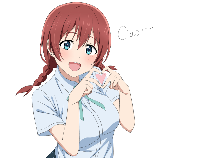 1girl blue_eyes blush braid breasts brown_hair emma_verde freckles hatenoga heart heart_hands highres italian_text large_breasts long_hair looking_at_viewer love_live! love_live!_nijigasaki_high_school_idol_club nijigasaki_school_uniform school_uniform smile teeth twin_braids upper_teeth_only