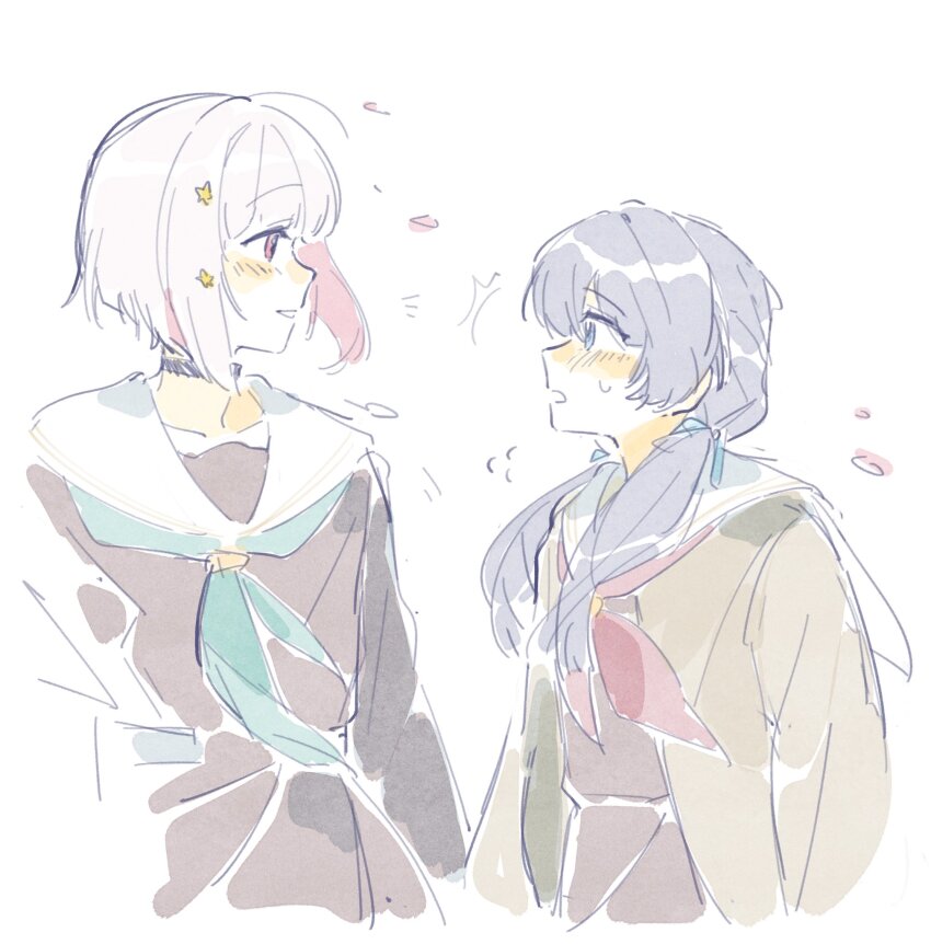 2girls ^^^ aqua_neckerchief black_choker blue_eyes blue_hair blue_ribbon blush bob_cut brown_cardigan brown_dress cardigan choker collarbone commentary dollchestra dress eye_contact flying_sweatdrops grin hair_intakes hair_ornament hair_over_shoulder hair_ribbon hasu_no_sora_school_uniform highres inverted_bob link!_like!_love_live! long_hair long_sleeves looking_at_another looking_at_viewer love_live! low_twintails multiple_girls murano_sayaka neckerchief open_cardigan open_clothes open_mouth pleated_dress profile red_neckerchief ribbon sailor_collar sailor_dress school_uniform short_hair simple_background smile star_(symbol) star_hair_ornament sweatdrop symbol-only_commentary twintails virtual_youtuber white_background white_hair white_sailor_collar winter_uniform woodonly yugiri_tsuzuri