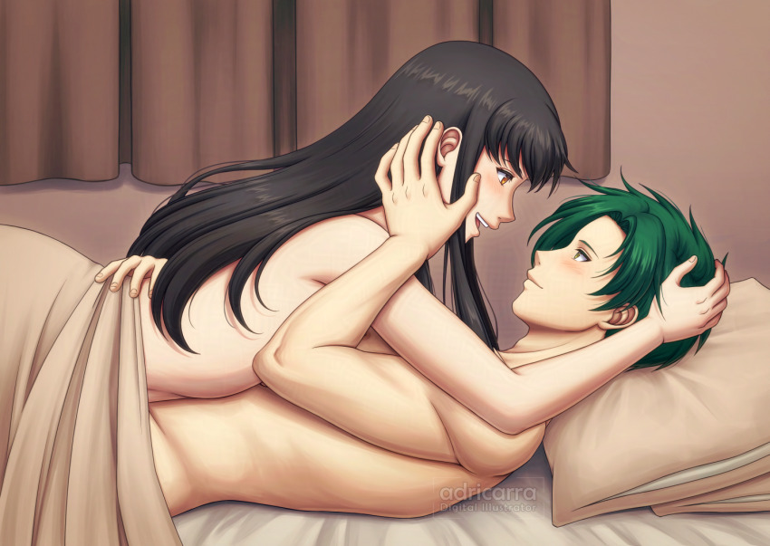 1boy 1girl adricarra astrid_(fire_emblem) bed bed_sheet black_hair commission commissioner_upload convenient_censoring couple eye_contact fire_emblem fire_emblem:_radiant_dawn girl_on_top green_hair hand_on_another&#039;s_cheek hand_on_another&#039;s_face hand_on_another&#039;s_head hetero implied_after_sex looking_at_another lying_on_person nintendo non-web_source open_mouth smile sothe_(fire_emblem) vgen_commission